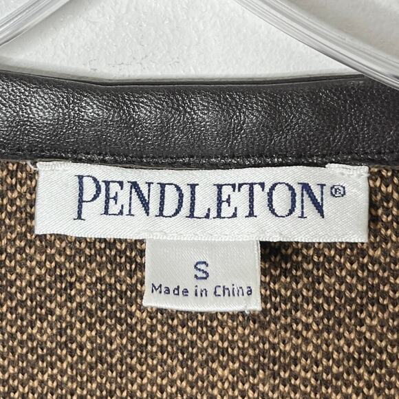 Pendleton Women's Wool Cardigan Sweater S Herringbone Plaid Brown Leather Trim - Picture 4 of 6